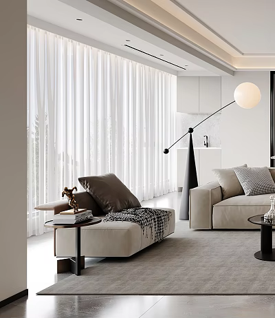 Modern Living Room Single Sofa With White Curtains Floor Lamp And Throw Pillows 3d model