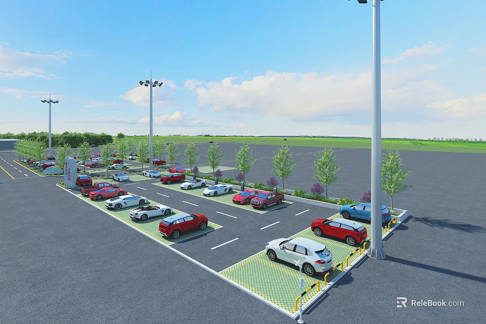 Well Organized Parking Lot With Parked Cars Light Poles Trees And Marked Spaces 3d model 