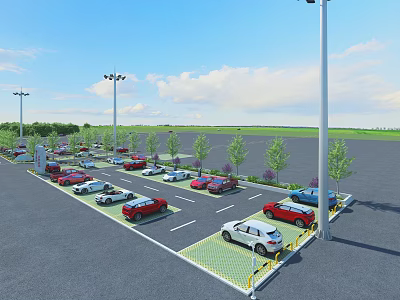 Well Organized Parking Lot With Parked Cars Light Poles Trees And Marked Spaces 3d model