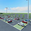 Well Organized Parking Lot With Parked Cars Light Poles Trees And Marked Spaces