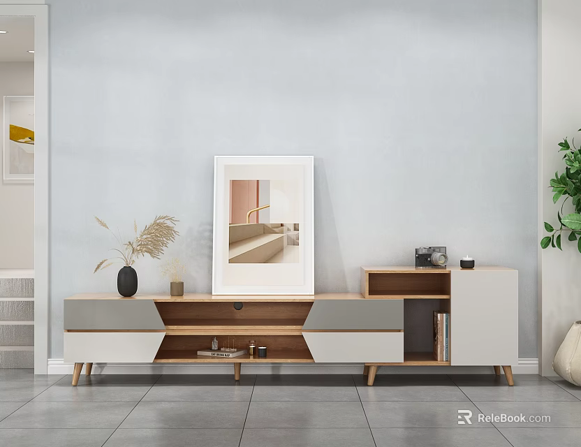 Elegant Modern TV Stand Design With Framed Artwork Potted Plant And Decorative Shelves 3d model 
