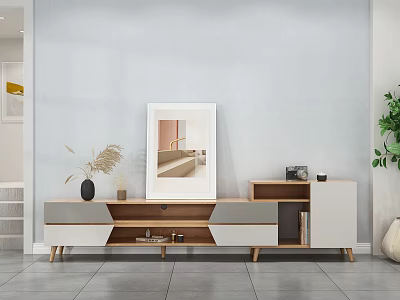 Elegant Modern TV Stand Design With Framed Artwork Potted Plant And Decorative Shelves 3d model