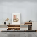 Elegant Modern TV Stand Design With Framed Artwork Potted Plant And Decorative Shelves