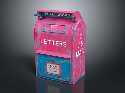Pink And Blue US Mail Letterbox With Pull Down Feature And Letters Label 3d model