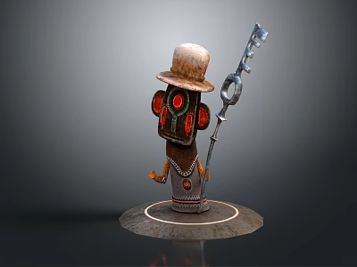 Mystical Totem Character With Old Hat Holding Large Key And Eye Patterns On Circular Base 3d model