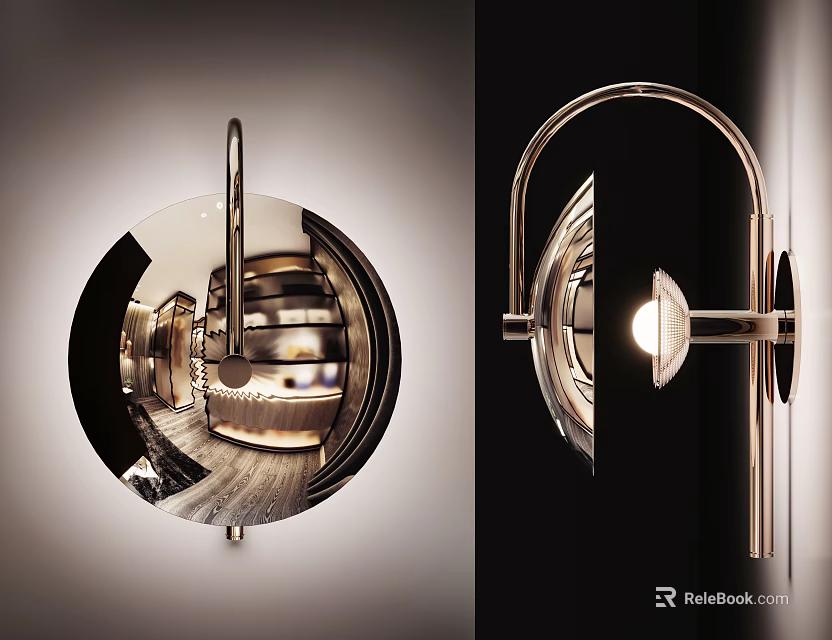 Modern Circular Wall Lamp With Curved Metal Bracket And Reflective Surface For Interior Lighting Design 3d model 