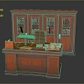 Wooden Office Desk With Green Lamp Bookcase Glass Doors Red Books And Clock