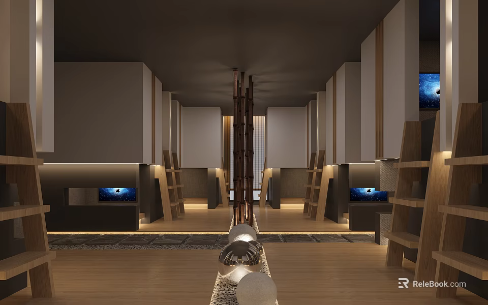Modern Clubhouse Interior Design With Wooden Accents Ambient Lighting And Decorative Features 3d model 