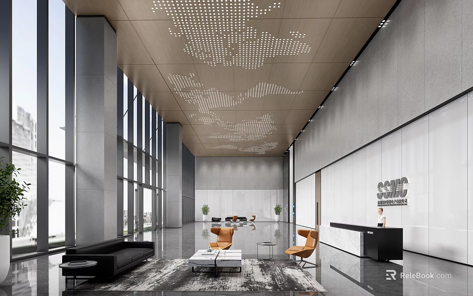 Modern Lobby Reception Area With Black Front Desk Large Windows And Wooden Perforated Ceiling 3d model 