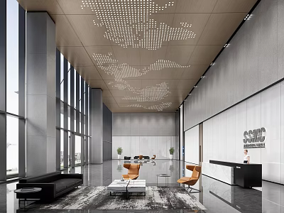 Modern Lobby Reception Area With Black Front Desk Large Windows And Wooden Perforated Ceiling 3d model
