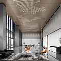 Modern Lobby Reception Area With Black Front Desk Large Windows And Wooden Perforated Ceiling