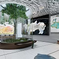 Modern Indoor Space Featuring Circular Pool Central Tree Glass Walls And Display Panels 3d model