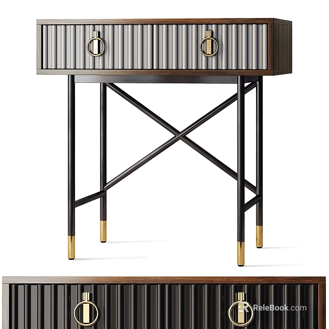 Modern Dining Table With Striped Top X Shaped Black Metal Legs And Gold Accents 3d model 