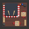 Colorful Food Stall Setup With Red White Striped Awning Tables Chairs Street Lamps And Benches