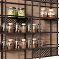 Spice Jars With Lids Arranged On Multiple Layers Metal Frame Wooden Backboard Kitchen Shelf