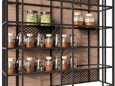 Spice Jars With Lids Arranged On Multiple Layers Metal Frame Wooden Backboard Kitchen Shelf 3d model