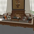 Elegant Chinese Arhat Bed With Carved Wooden Frame Tea Table And Decorative Cushions