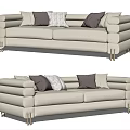 Modern Beige Two-Seater Sofa with Brown and Gray Striped Pillows and Gold Metal Legs