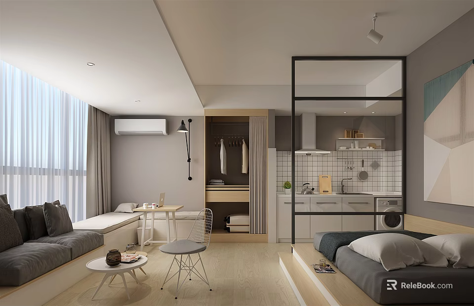 Modern Apartment Interior With Open Layout Living Kitchen Sofa Desk And Bed 3d model 