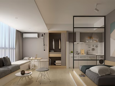 Modern Apartment Interior With Open Layout Living Kitchen Sofa Desk And Bed 3d model