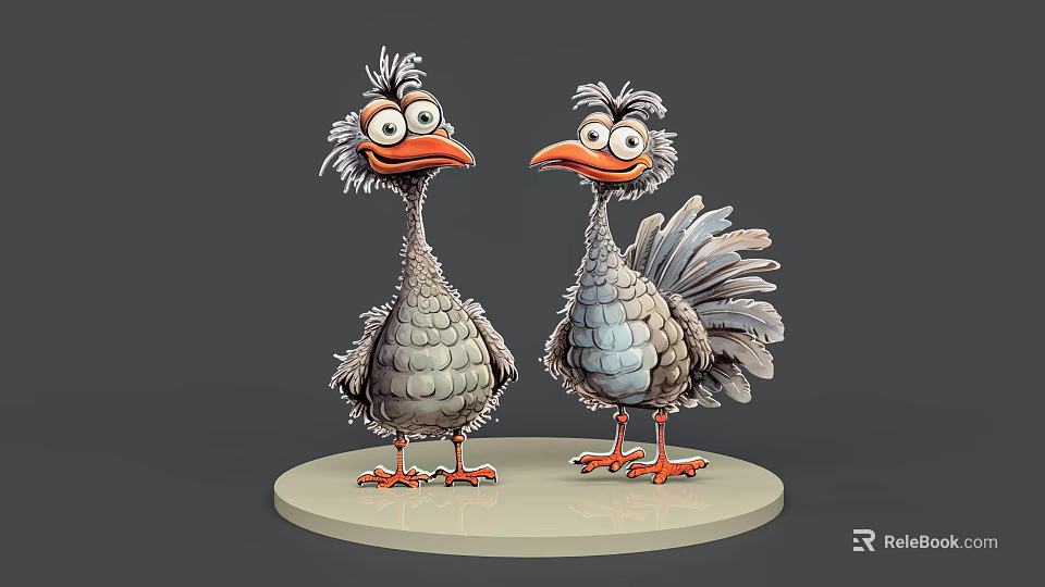 Two Cartoon Style Reptile Characters With Gray Blue Scales And Orange Beaks On Round Stand 3d model 