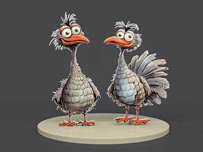 Two Cartoon Style Reptile Characters With Gray Blue Scales And Orange Beaks On Round Stand 3d model