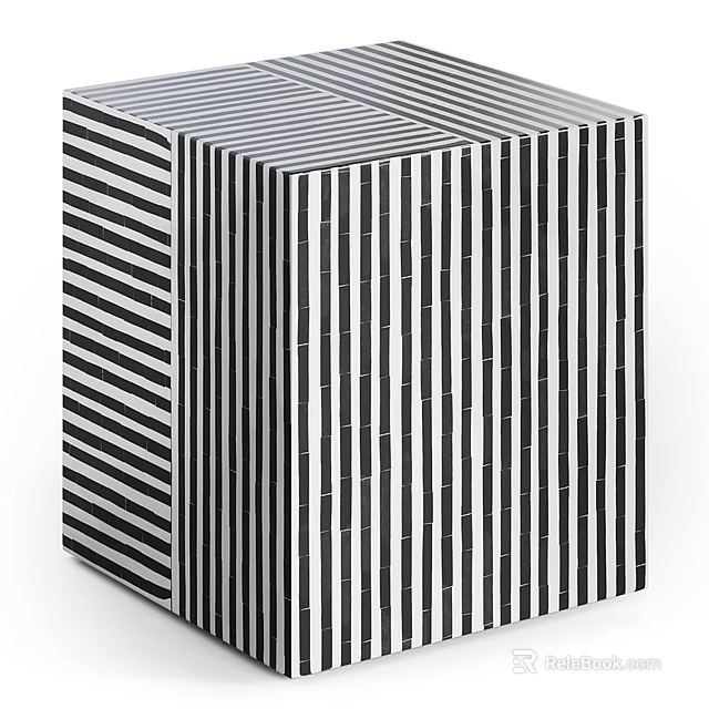 Modern Cube Shaped Stool With Black And White Vertical Striped Pattern 3d model 