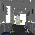 Modern Laboratory Interior With Glass Door Cabinets Long Benches Faucets Blue Stools And Striped Carpet