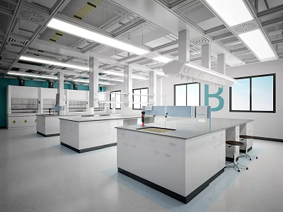 Modern Laboratory Spacious Interior With White Lab Benches Fume Hoods And Windows Bright Lighting Setup 3d model
