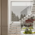 Marble Staircase Modern Design With Glass Railing And Green Plants Outdoor View