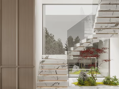 Marble Staircase Modern Design With Glass Railing And Green Plants Outdoor View 3d model
