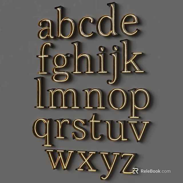 Golden Letter Shaped Decorative Lights Arranged as Alphabet on Grey Wall Decoration 3d model 