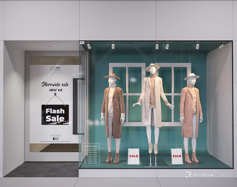 Fashion Store Window Display with Three Mannequins in Beige Coats and Flash Sale Signs 3d model 