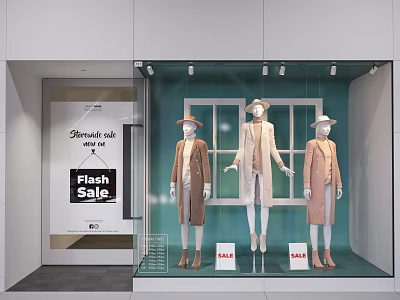 Fashion Store Window Display with Three Mannequins in Beige Coats and Flash Sale Signs 3d model