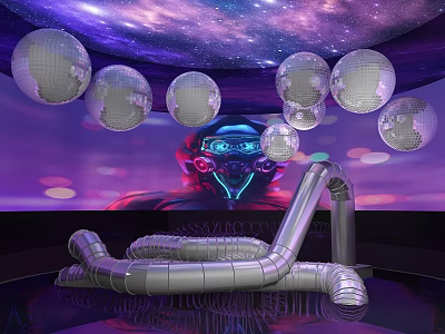 Futuristic Interior With Neon Lit Helmet Disco Balls And Silver Pipes 3d model