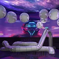 Futuristic Interior With Neon Lit Helmet Disco Balls And Silver Pipes