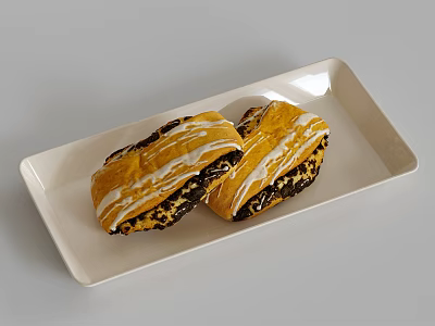 Two Delicious Glazed Pastries With Dark Filling On White Rectangular Plate 3d model