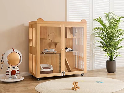 Wooden Pet Cage With Glass Doors Astronaut Doll Green Plant Toy Dog On Round Rug 3d model