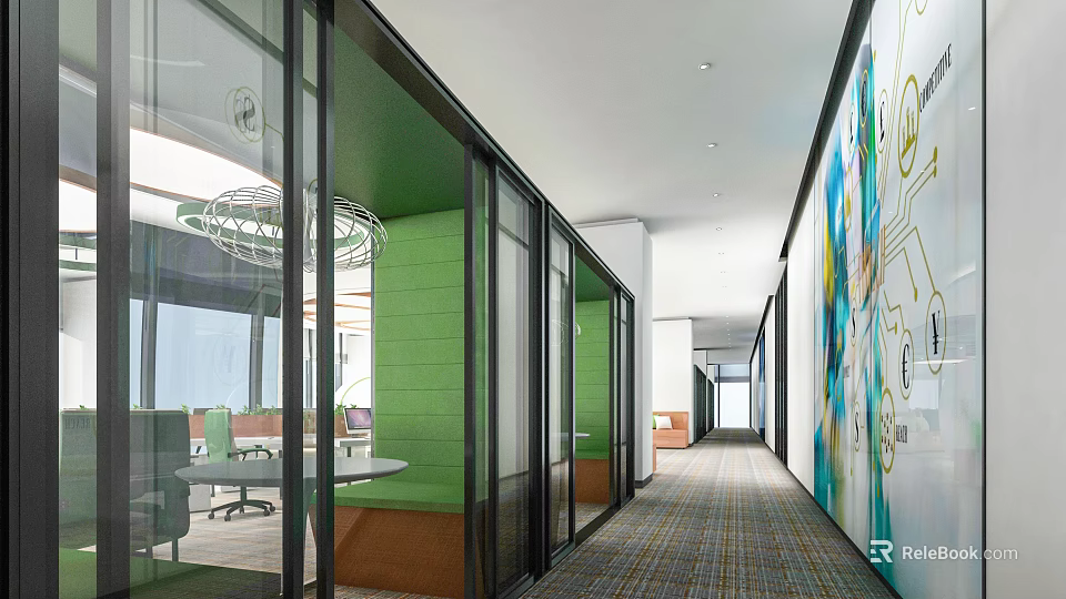 Modern Public Office Space With Glass Partitions Green Walls Office Desks And Murals 3d model 