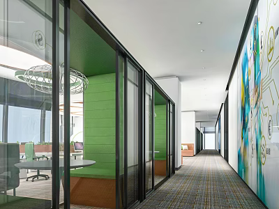 Modern Public Office Space With Glass Partitions Green Walls Office Desks And Murals 3d model