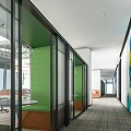 Modern Public Office Space With Glass Partitions Green Walls Office Desks And Murals