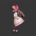 Cartoon Style 3D Character Model With Pink Braided Pigtails Red Headpiece And Colorful Outfit