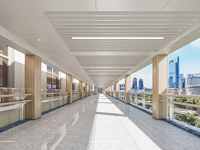 Modern Elevator Corridor With Spacious Space Marble Flooring Wooden Columns And City View 3d model