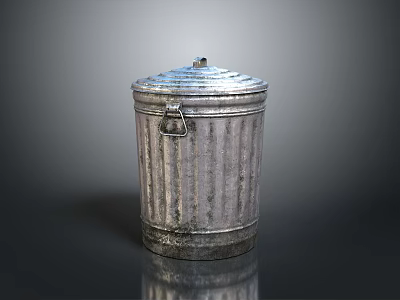 Corrugated Metal Trash Can With Lid Handle And Rustic Textured Surface Design 3d model