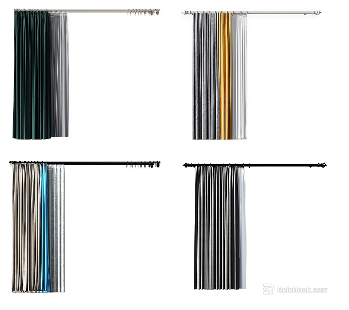 Stylish Curtains In Various Colors With Striped Patterns And Curtain Rods 3d model 