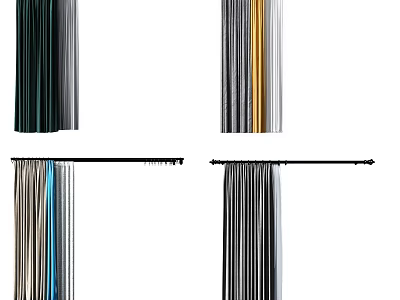 Stylish Curtains In Various Colors With Striped Patterns And Curtain Rods 3d model