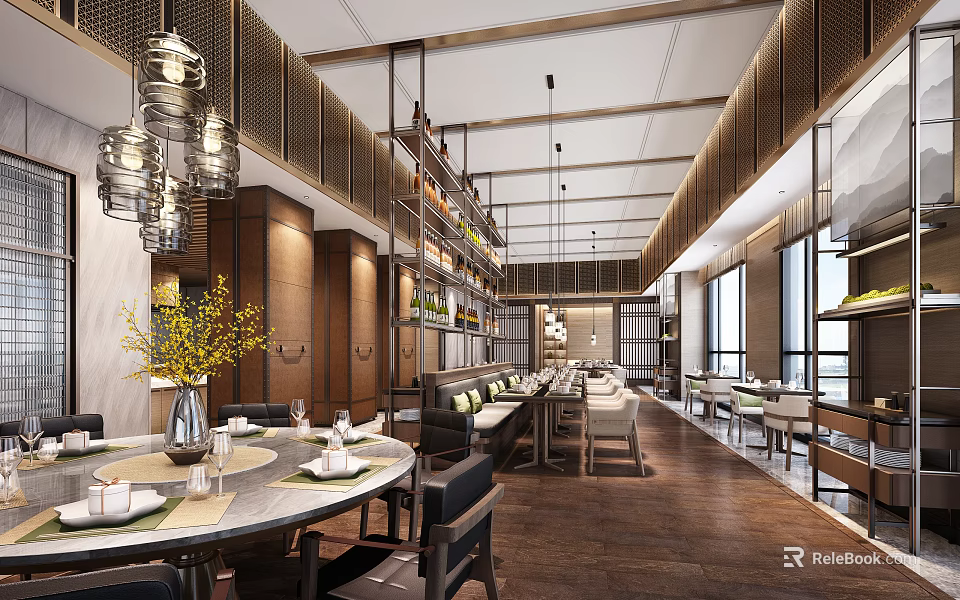 Elegant Spacious Restaurant Interior With Wooden Decor Chandeliers Dining Tables And Wine Racks 3d model 