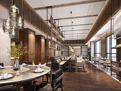 Elegant Spacious Restaurant Interior With Wooden Decor Chandeliers Dining Tables And Wine Racks 3d model