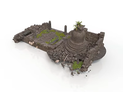 Modern Interior Design With Ruined Bell Moss Covered Stones And Decor 3d model