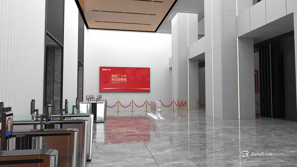 Modern Front Desk Reception Area With Red Digital Screen Marble Floor And Red Velvet Ropes 3d model 